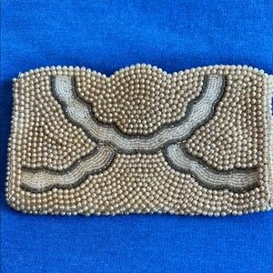 Elegant Vintage Beaded Clutch in Cream and Gray